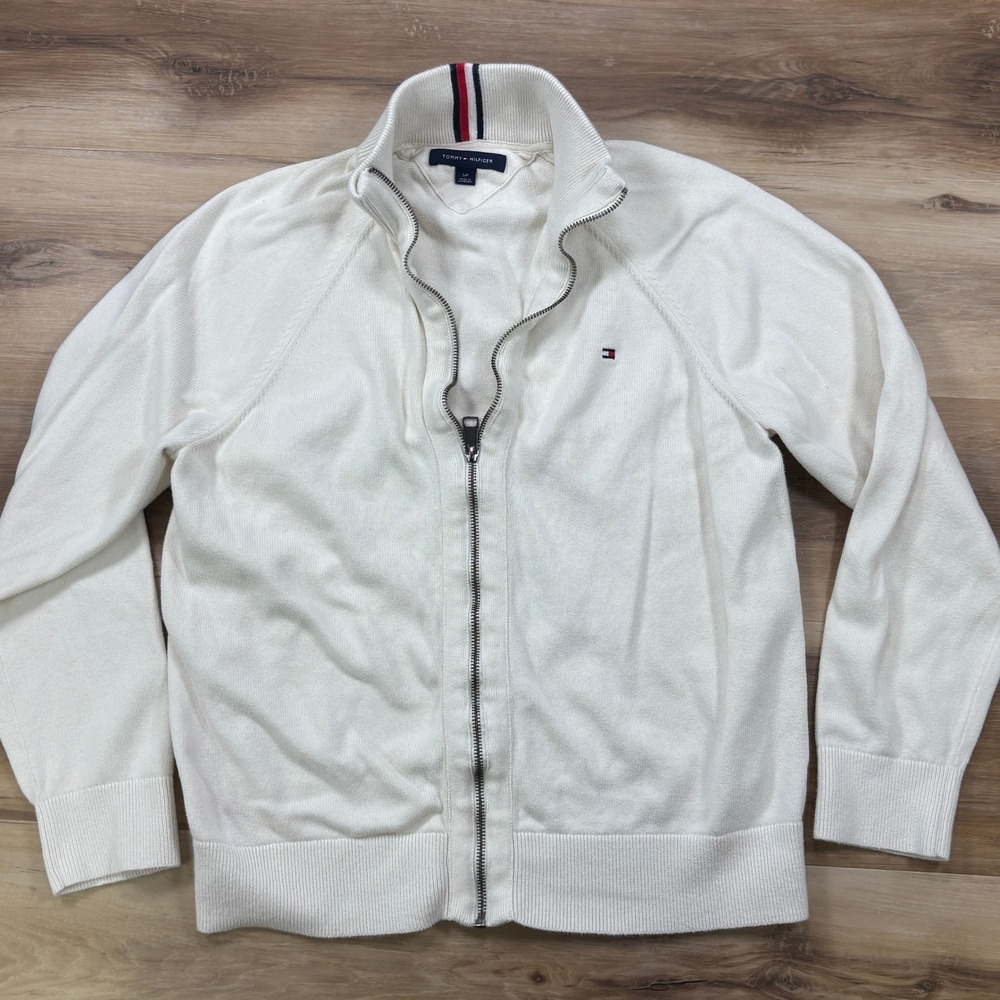 Tommy Hilfiger Full Zip Sweater Men Small Cream White Cotton Knit Preppy Classic